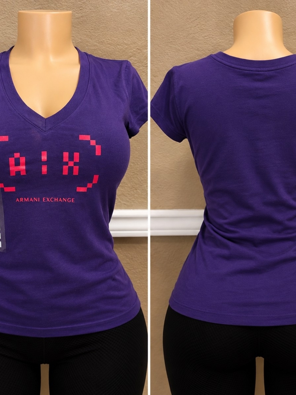 Armani Exchange Purple V-Neck Logo Tee with Pink Accent